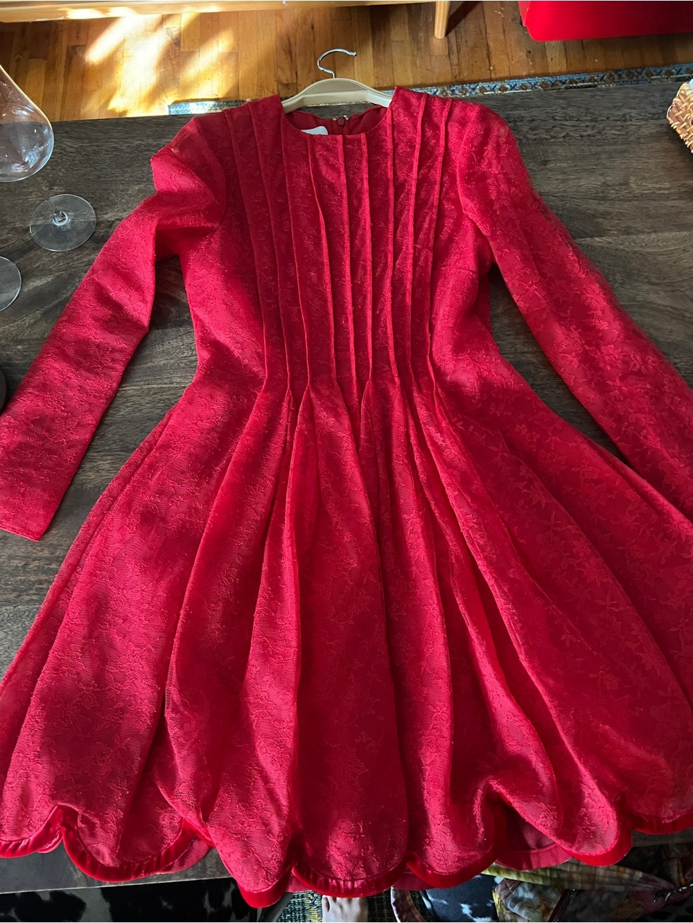 Valentino Lace Long-Sleeve Pleated Scalloped Hem Dress